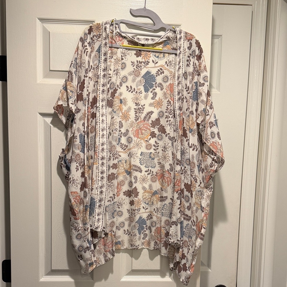 LOFT Floral Open-Front Blouse - Cream, Brown, Blue